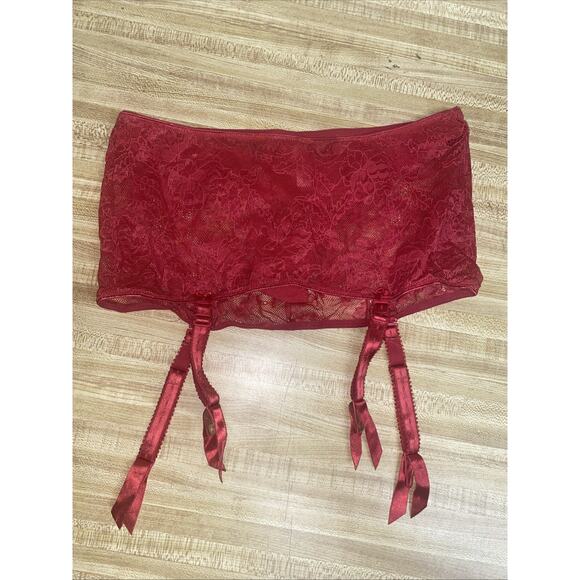 VICTORIA’S SECRET Red Lace Garter Thong Skirt Panties Sz Small - Picture 1 of 8